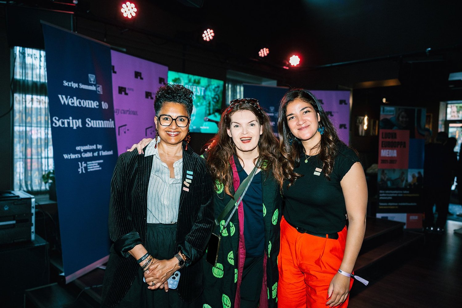 Three attendees at a Helsinki Film Lab networking event